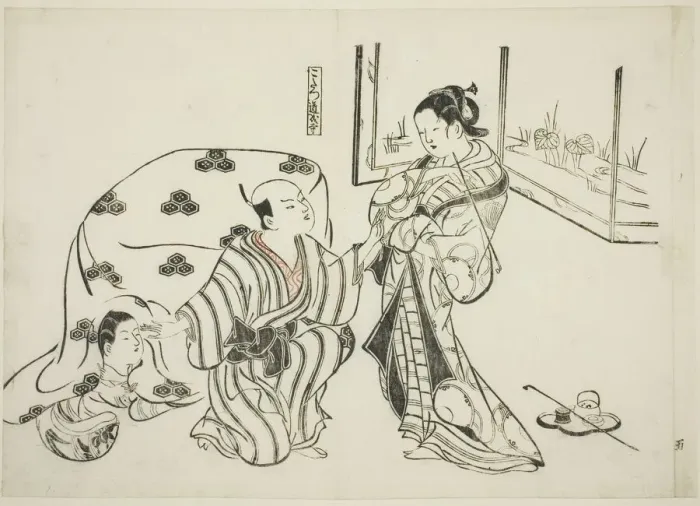Framed Print : Kotatsu Dojoji, no. 5 from a series of 12 prints depicting parodies of plays, c. 1716 / 35 Framed Print : Kotatsu Dojoji, no. 5 from a series of 12 prints depicting parodies of plays, c. 1716 / 35