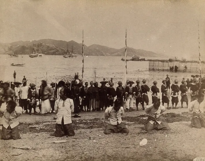 Framed Print : Kowloon, Hong Kong: five pirates awaiting beheading, while Chinese soldiers and dignitaries... 1891 Creator: Unknown Framed Print : Kowloon, Hong Kong: five pirates awaiting beheading, while Chinese soldiers and dignitaries... 1891 Creator: Unknown