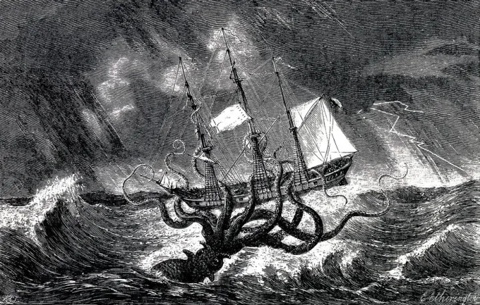 Framed Print : Kraken Attacking a Sailing Vessel During a Storm, 1870 Framed Print : Kraken Attacking a Sailing Vessel During a Storm, 1870