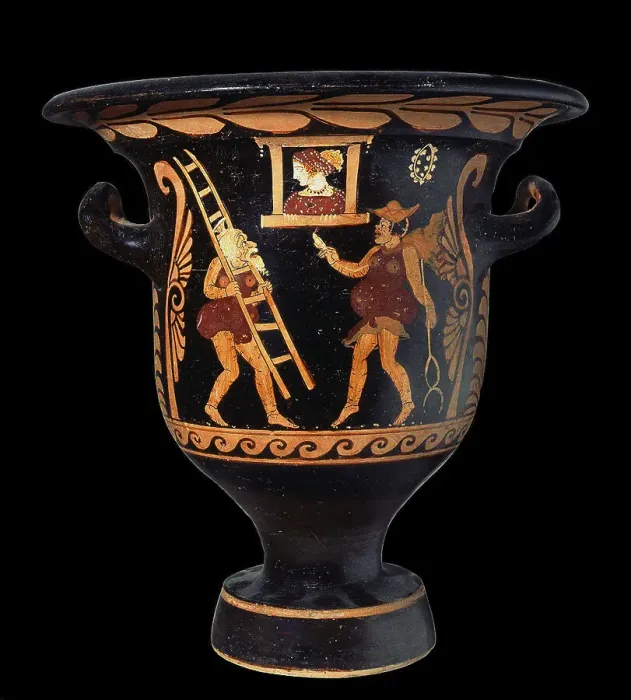Framed Print : Krater from Paestum. Zeus woos Alcmene, assisted by Hermes, 350-340 B.c. Creator: Asteas, Vase painter from Paestum (active between 350 and 320 BC) Framed Print : Krater from Paestum. Zeus woos Alcmene, assisted by Hermes, 350-340 B.c. Creator: Asteas, Vase painter from Paestum (active between 350 and 320 BC)