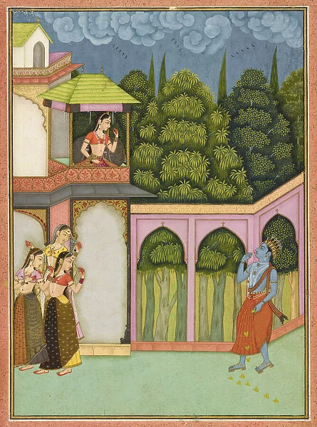 Krishna approaches Radha, folio from a Rasikpriya, dated 1690. Creator: Nuruddin