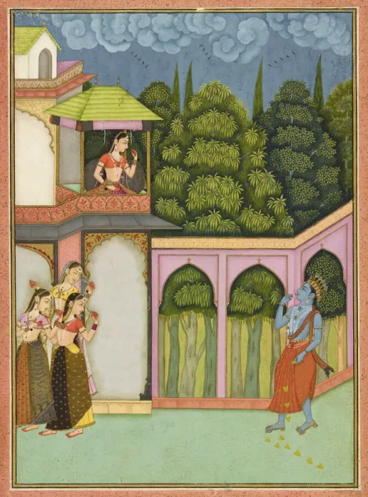 Framed Print : Krishna approaches Radha, folio from a Rasikpriya, dated 1690. Creator: Nuruddin Framed Print : Krishna approaches Radha, folio from a Rasikpriya, dated 1690. Creator: Nuruddin