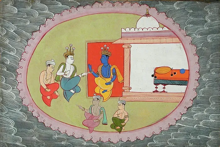 Framed Print : Krishna and Balarama Conversing, Folio from a Bhagavata Purana (Ancient Stories of the Lord), c1600. Creator: Unknown Framed Print : Krishna and Balarama Conversing, Folio from a Bhagavata Purana (Ancient Stories of the Lord), c1600. Creator: Unknown