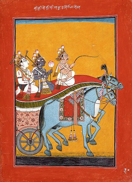 Krishna and Balarama Being Driven by Akrura to Mathura, Folio from a Bhagavata... c1730. Creator: Unknown