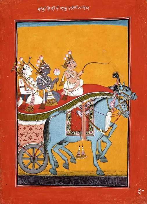 Framed Print : Krishna and Balarama Being Driven by Akrura to Mathura, Folio from a Bhagavata... c1730. Creator: Unknown Framed Print : Krishna and Balarama Being Driven by Akrura to Mathura, Folio from a Bhagavata... c1730. Creator: Unknown
