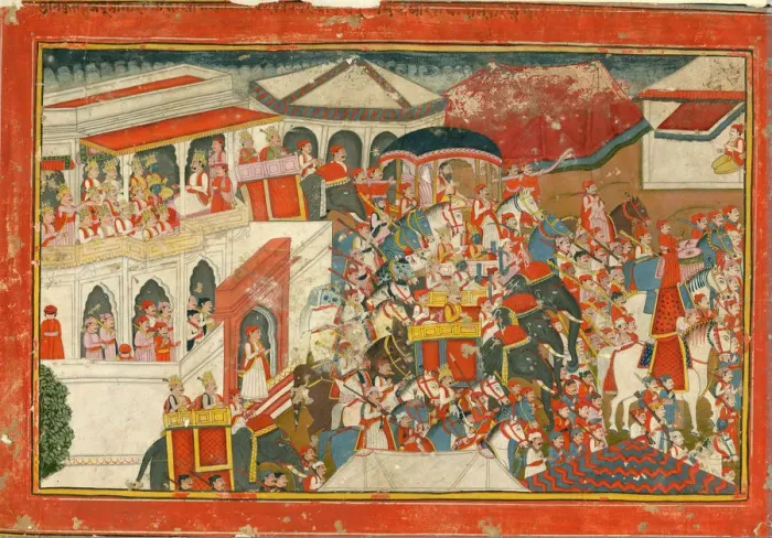 Framed Print : Krishna and Balarama setting off from a palace, c. 1840. Artist: Indian Art Framed Print : Krishna and Balarama setting off from a palace, c. 1840. Artist: Indian Art