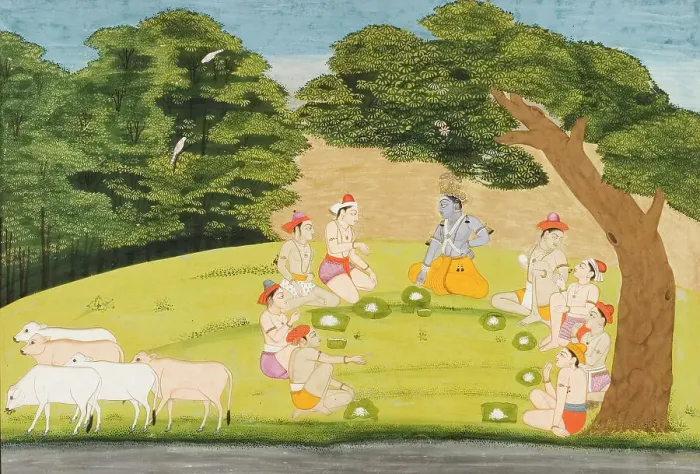 Framed Print : Krishna and the Cowherds on a Picnic, Folio from a Bhagavata Purana, between 1760 and 1765. Creator: Unknown Framed Print : Krishna and the Cowherds on a Picnic, Folio from a Bhagavata Purana, between 1760 and 1765. Creator: Unknown