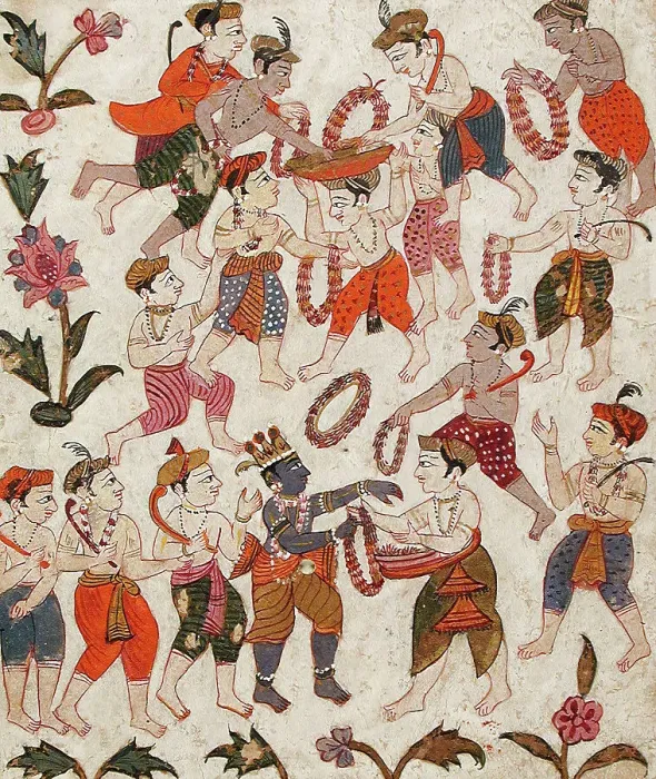 Framed Print : Krishna and the Cowherds Receiving Garlands in Mathura... between c1625 and c1650. Creator: Unknown Framed Print : Krishna and the Cowherds Receiving Garlands in Mathura... between c1625 and c1650. Creator: Unknown
