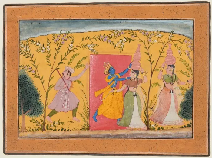 Framed Print : Krishna Exacts a toll from the Milkmaids, from a Bhagavata Purana, c. 1600. Creator: Unknown Framed Print : Krishna Exacts a toll from the Milkmaids, from a Bhagavata Purana, c. 1600. Creator: Unknown