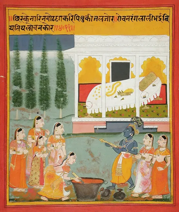 Framed Print : Krishna and Gopis Celebrating the Holi Festival, between c1700 and c1720. Creator: Unknown Framed Print : Krishna and Gopis Celebrating the Holi Festival, between c1700 and c1720. Creator: Unknown