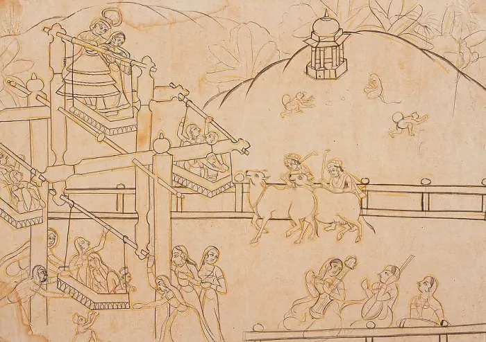 Framed Print : Krishna and the Gopis Ride a Ferris Wheel at a Village Festival, c1825. Creator: Unknown Framed Print : Krishna and the Gopis Ride a Ferris Wheel at a Village Festival, c1825. Creator: Unknown