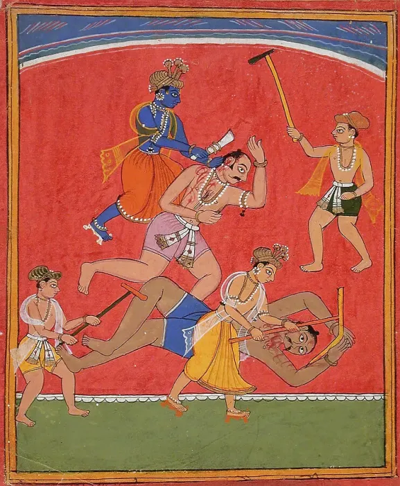 Framed Print : Krishna Killing King Kamsa and Balarama Slaying a Wrestler, c1630. Creator: Unknown Framed Print : Krishna Killing King Kamsa and Balarama Slaying a Wrestler, c1630. Creator: Unknown