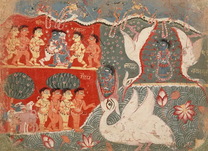 Framed Print : Krishna Kills the Crane Demon, Folio from a Bhagavata Purana... between 1525 and 1550. Creator: Unknown Framed Print : Krishna Kills the Crane Demon, Folio from a Bhagavata Purana... between 1525 and 1550. Creator: Unknown