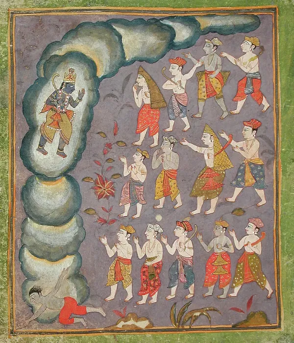 Framed Print : Krishna Kills The Tornado Demon Trinavarta, Folio from the Tularam'... between c1625 and c1650. Creator: Unknown. Krishna Kills The Tornado Demon Trinavarta, Folio from the Tularam'... between c1625 and c1650. Creator: Unknown