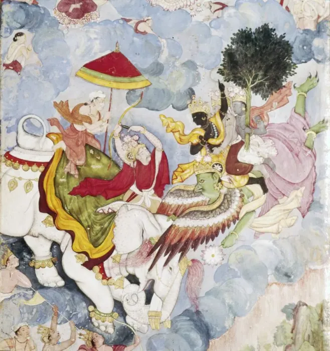 Framed Print : Krishna, (on Bird-God, Garuda) fights Indra (on elephant), Harivamsa manuscript, c1590 Framed Print : Krishna, (on Bird-God, Garuda) fights Indra (on elephant), Harivamsa manuscript, c1590