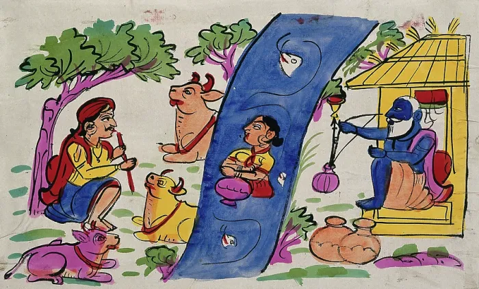 Framed Print : Krishna playing his flute to the cows and Radha who is immersed in the river... Creator: Unknown Framed Print : Krishna playing his flute to the cows and Radha who is immersed in the river... Creator: Unknown