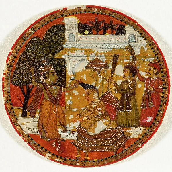 Krishna Preparing to Decapitate King Kamsa, King of the Krishna Suit, Playing... Mid-18th century. Creator: Unknown