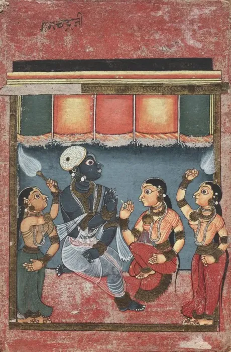 Framed Print : Krishna with Radha and Two Attendants (recto), 18th century. Creator: Unknown Framed Print : Krishna with Radha and Two Attendants (recto), 18th century. Creator: Unknown