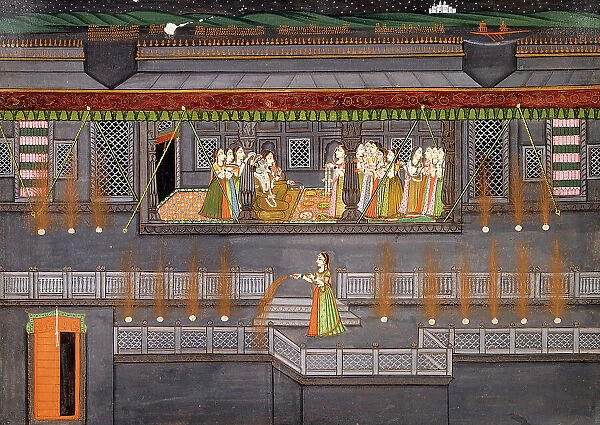 Krishna and Radha Enjoying a Feast and Fireworks, early 19th century. Creator: Unknown