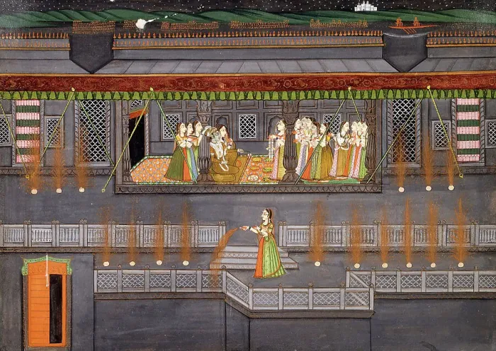 Framed Print : Krishna and Radha Enjoying a Feast and Fireworks, early 19th century. Creator: Unknown Framed Print : Krishna and Radha Enjoying a Feast and Fireworks, early 19th century. Creator: Unknown
