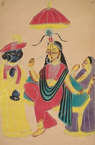 Krishna Standing by Radha who is Seated on a Chair, 1800s. Creator: Unknown