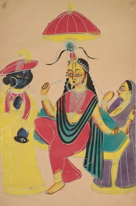 Framed Print : Krishna Standing by Radha who is Seated on a Chair, 1800s. Creator: Unknown Framed Print : Krishna Standing by Radha who is Seated on a Chair, 1800s. Creator: Unknown