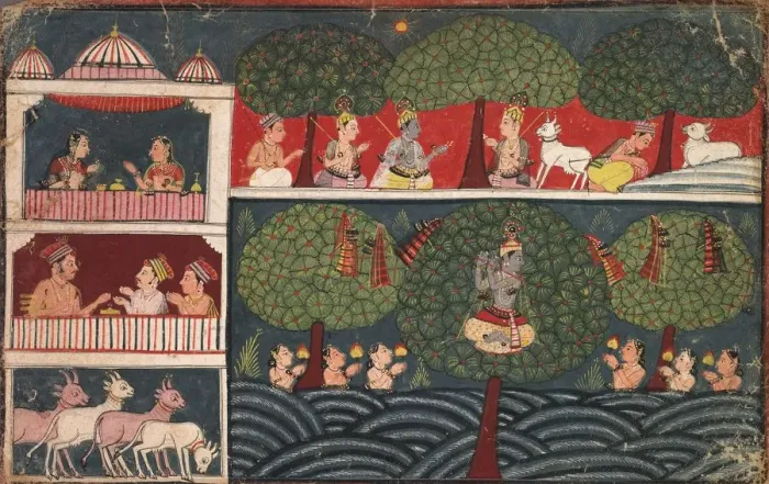 Framed Print : Krishna Stealing Gopis Clothes, Page from the Bhagavata Purana, c. 1650. Creator: Unknown Framed Print : Krishna Stealing Gopis Clothes, Page from the Bhagavata Purana, c. 1650. Creator: Unknown