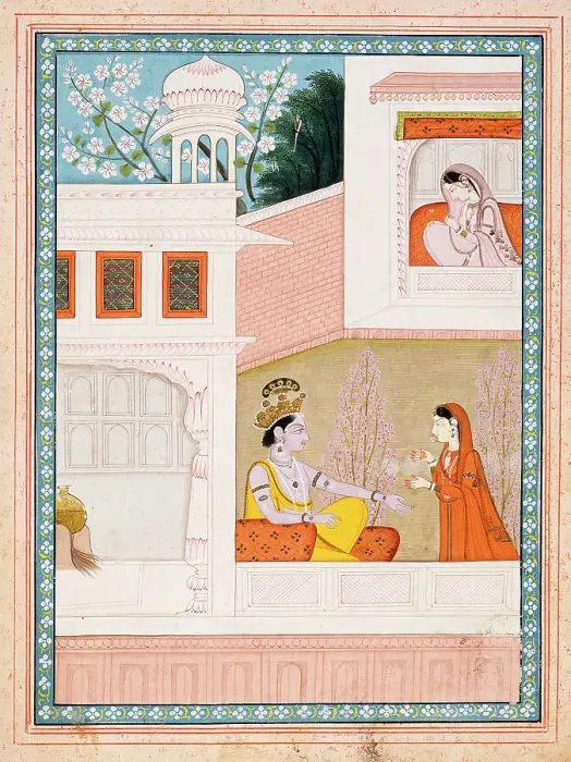 Framed Print : Krishna Talks to Radha's Maidservant, Folio from a Satsai (Seven Hundred Verses... c1825. Creator: Unknown) Framed Print : Krishna Talks to Radha's Maidservant, Folio from a Satsai (Seven Hundred Verses... c1825. Creator: Unknown)