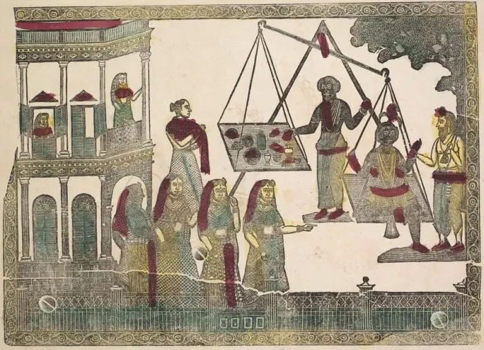 Framed Print : Krishna Weighted against Precious Objects (?), 1800s. Creator: Shri Gobinda Chandra Roy Framed Print : Krishna Weighted against Precious Objects (?), 1800s. Creator: Shri Gobinda Chandra Roy