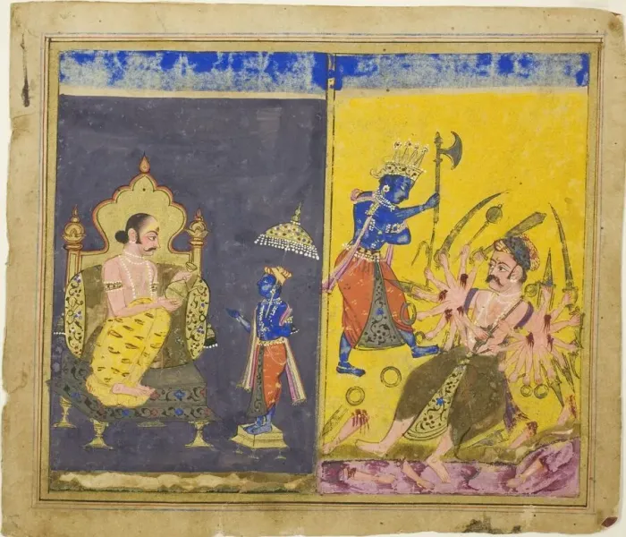 Framed Print : Krishnas Fifth and Sixth Avatars, page from a copy of the Gitagovinda of Jayaveda