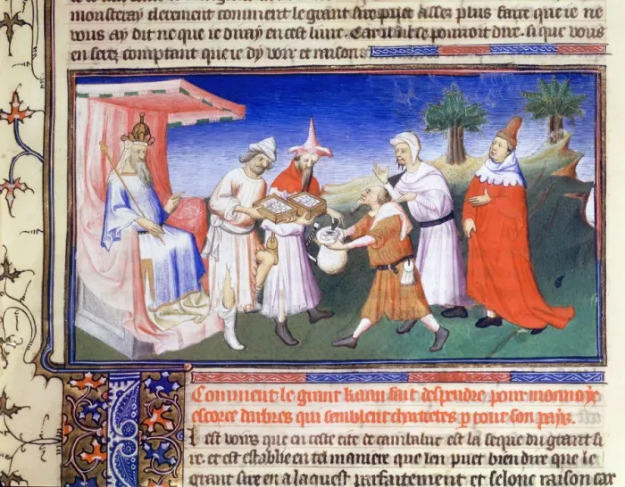 Framed Print : Kublai Khan paying for purchases, c1280s, (early 15th century). Artist: Master of Boucicaut Framed Print : Kublai Khan paying for purchases, c1280s, (early 15th century). Artist: Master of Boucicaut