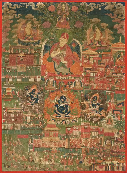 Framed Print : Kunga Tashi and Incidents from His Life (Abbot of Sakya Monastery, 1688-1711) (image 1 of 8), c1700. Creator: Anon Framed Print : Kunga Tashi and Incidents from His Life (Abbot of Sakya Monastery, 1688-1711) (image 1 of 8), c1700. Creator: Anon