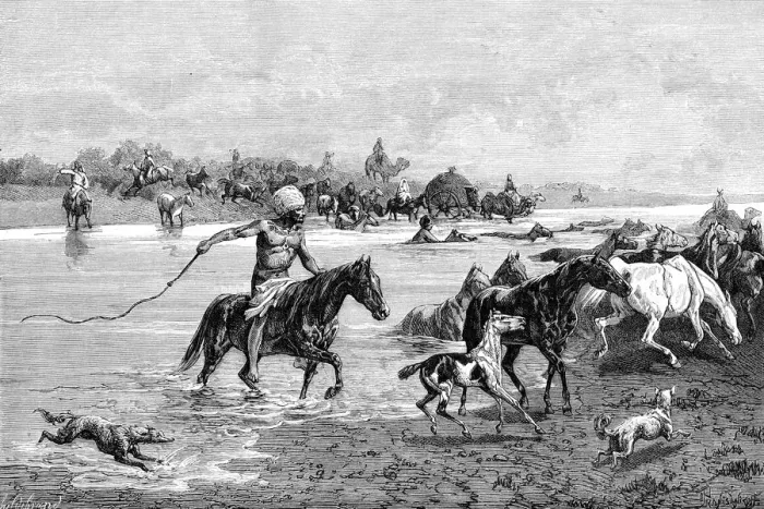 Framed Print : Kyrgyz crossing a river, Kyrgyzstan, 1895 Framed Print : Kyrgyz crossing a river, Kyrgyzstan, 1895
