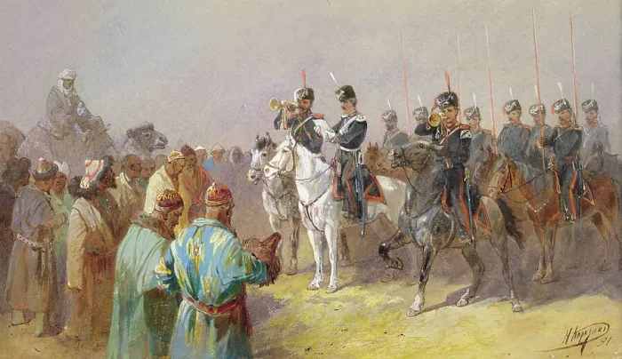 Framed Print : Kyrgyz-Kazakhs of the Middle Horde Paying a Tax by the Tsar's Decree, 19th century. Creator: Nikolay Nikolaevich Karazin Framed Print : Kyrgyz-Kazakhs of the Middle Horde Paying a Tax by the Tsar's Decree, 19th century. Creator: Nikolay Nikolaevich Karazin