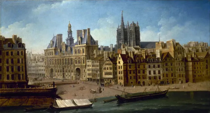 Framed Print : L Hotel de Ville et la place de Greve, 1753. Creator: Raguenet
