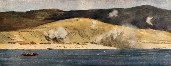 Framed Print : La baie de Suvla et les Falaises d'Anzac; Eclatements d'obus turcs de gros calibre, 1915 (1916). Creator: Norman Wilkinson Framed Print : La baie de Suvla et les Falaises d'Anzac; Eclatements d'obus turcs de gros calibre, 1915 (1916). Creator: Norman Wilkinson