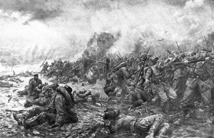 Framed Print : La Bataille des Flandres; Les masses Allemandes sous la fusillade et le feu des canons, 1914. Creator: J Simont Framed Print : La Bataille des Flandres; Les masses Allemandes sous la fusillade et le feu des canons, 1914. Creator: J Simont