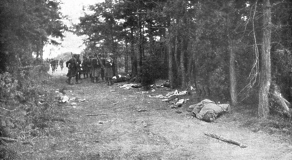 La Bataille de la Marne; Les chemins de la retraite ennemie semes d'equipements et de morts, 1914 Creator: Unknown