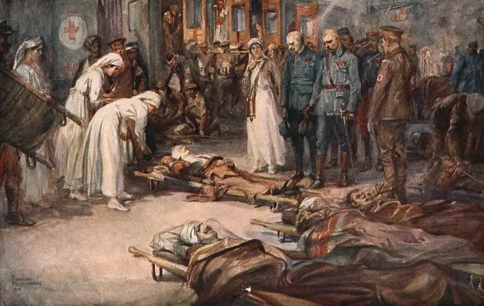 Framed Print : La bataille de la Somme; derriere le front Franco-Britannique: le salut aux blesses allies, 1916. Creator: Charles Fouqueray Framed Print : La bataille de la Somme; derriere le front Franco-Britannique: le salut aux blesses allies, 1916. Creator: Charles Fouqueray