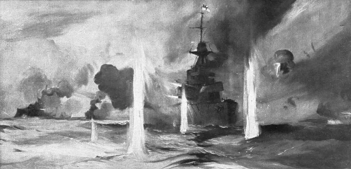 Framed Print : La bataille navale du Jutland; Le croiseur anglais Warspite au milieu de l'action, 1916 (1924) Creator: Montague Dawson Framed Print : La bataille navale du Jutland; Le croiseur anglais Warspite au milieu de l'action, 1916 (1924) Creator: Montague Dawson