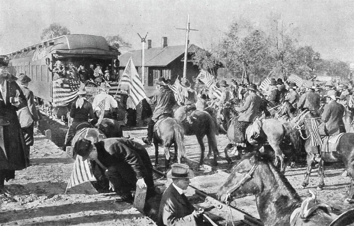 Framed Print : La bataille presidentielle aux etats-unis; une scene typique de la campagne electorale... 1916. Creator: Underwood & Underwood. La bataille presidentielle aux etats-unis; une scene typique de la campagne electorale... 1916