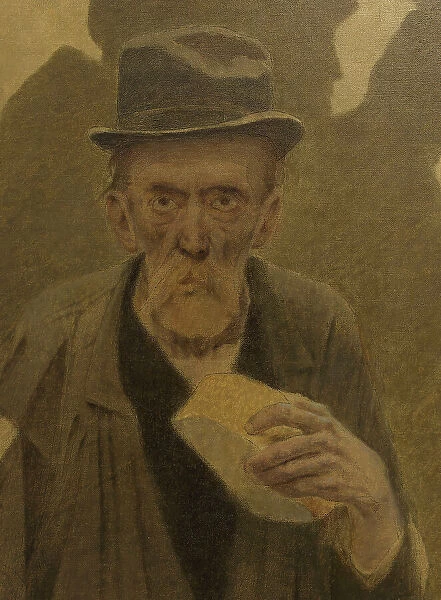 La Bouchée de pain : vieil homme en haillons, de face, tenant un morceau de pain, c.1904. Creator: Fernand Pelez