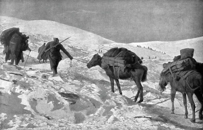 Framed Print : La campagne d'hiver en Orient; Le ravitaillement dans la neige des postes francais et... 1917. Creator: Unknown Framed Print : La campagne d'hiver en Orient; Le ravitaillement dans la neige des postes francais et... 1917. Creator: Unknown