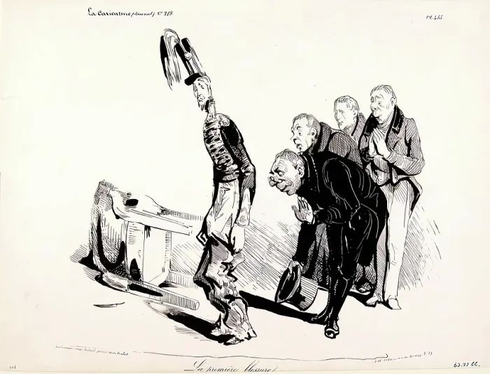Framed Print : La Caricature (Journal) N.218. La Premiere Blessure, 1835. Creator: Honore Daumier Framed Print : La Caricature (Journal) N.218. La Premiere Blessure, 1835. Creator: Honore Daumier