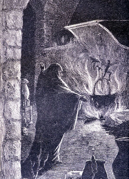 La Celestina, 1883, engraving with the Celestina making a spell