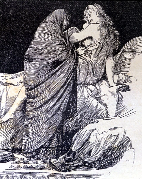 La Celestina wakes Melibea, engraving in La Celestina by Fernando de Rojas, published in 1883
