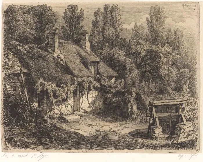 Framed Print : La chaumiere au puits (Cottage with Well), published 1849. Creator: Eugene Blery Framed Print : La chaumiere au puits (Cottage with Well), published 1849. Creator: Eugene Blery