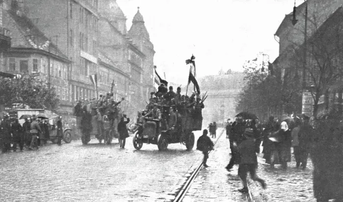 Framed Print : La Chute des Habsbourg; Camions automobiles charges de soldats revolutionnaires circulant... 1918 Creator: Emery Revesz-Biro Framed Print : La Chute des Habsbourg; Camions automobiles charges de soldats revolutionnaires circulant... 1918 Creator: Emery Revesz-Biro