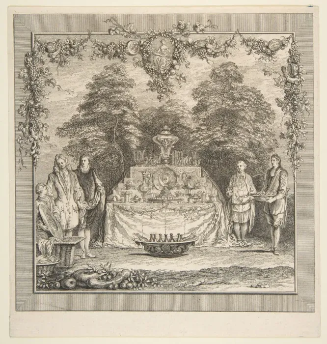 Framed Print : La Colation preparee dans un jardin. n. d. Creators: Claude Gillot, Jacques Gabriel Huquier Framed Print : La Colation preparee dans un jardin. n. d. Creators: Claude Gillot, Jacques Gabriel Huquier