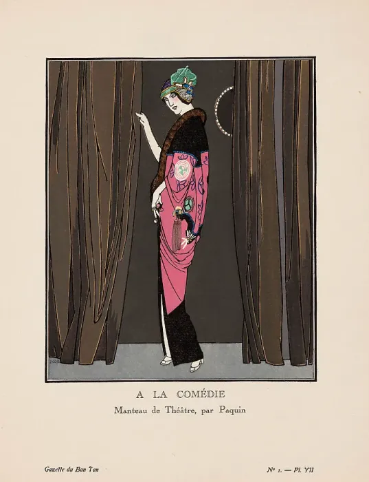 Framed Print : A la comédie. Manteau de Théâtre, par Paquin (La Gazette du Bon ton), 1912-1913. Creator: Gosé, Xavier (1876-1915) Framed Print : A la comédie. Manteau de Théâtre, par Paquin (La Gazette du Bon ton), 1912-1913. Creator: Gosé, Xavier (1876-1915)
